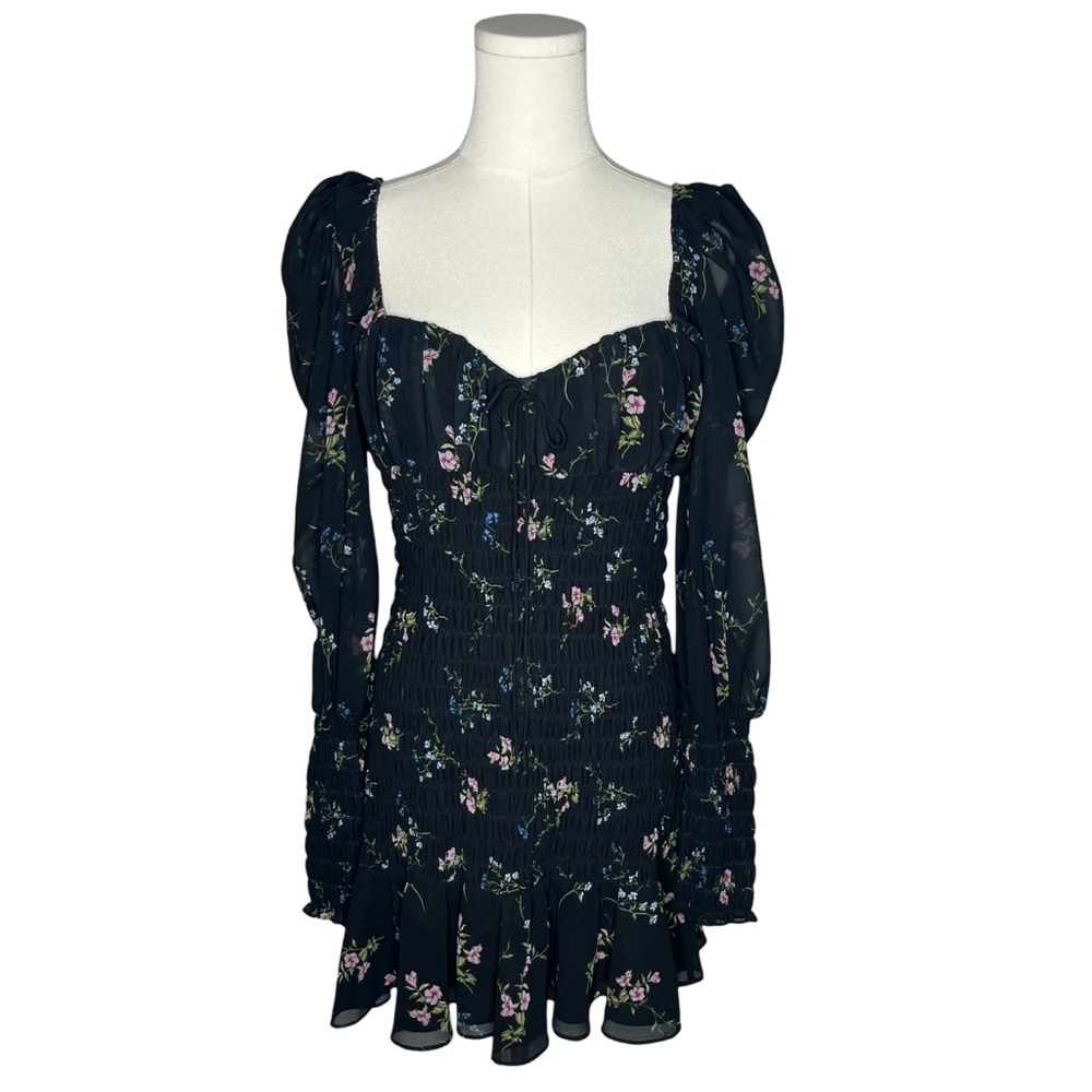 For Love & Lemons Black Floral Long Sleeve Smocked Dixon Mini Skirt - Picture 2 of 10